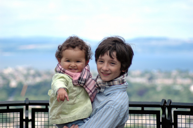 Catherine and Kieran at Edinburgh Castle. The town and Firth of Forth are in the background.